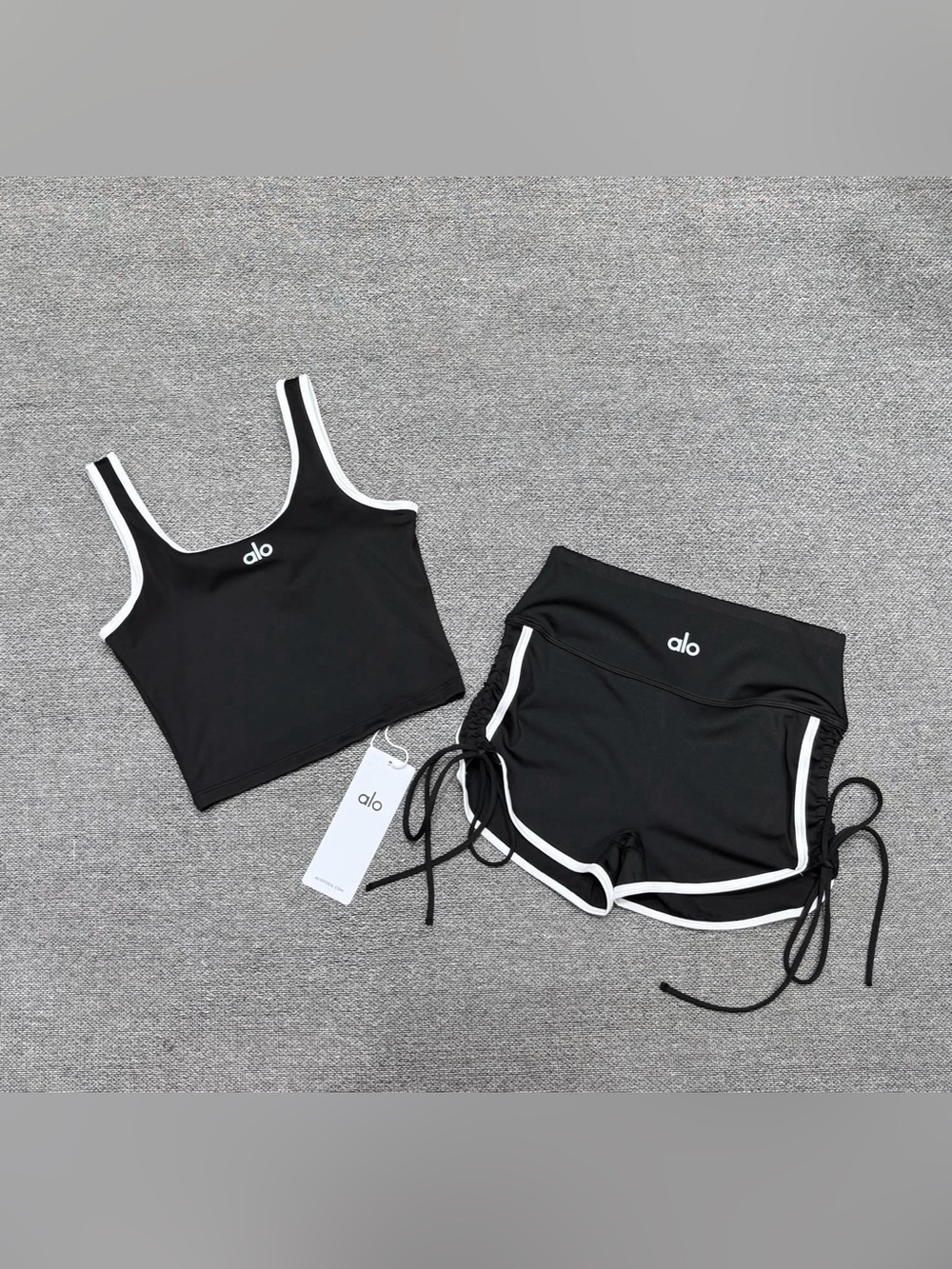 ALO Yoga Black Tank and Shorts Set with White Trim